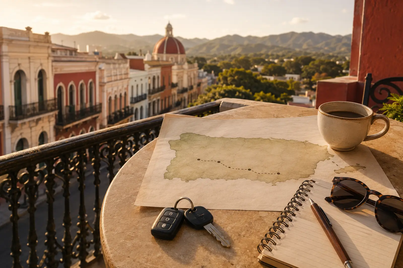 Map, keys and coffee ready for a Puerto Rico route