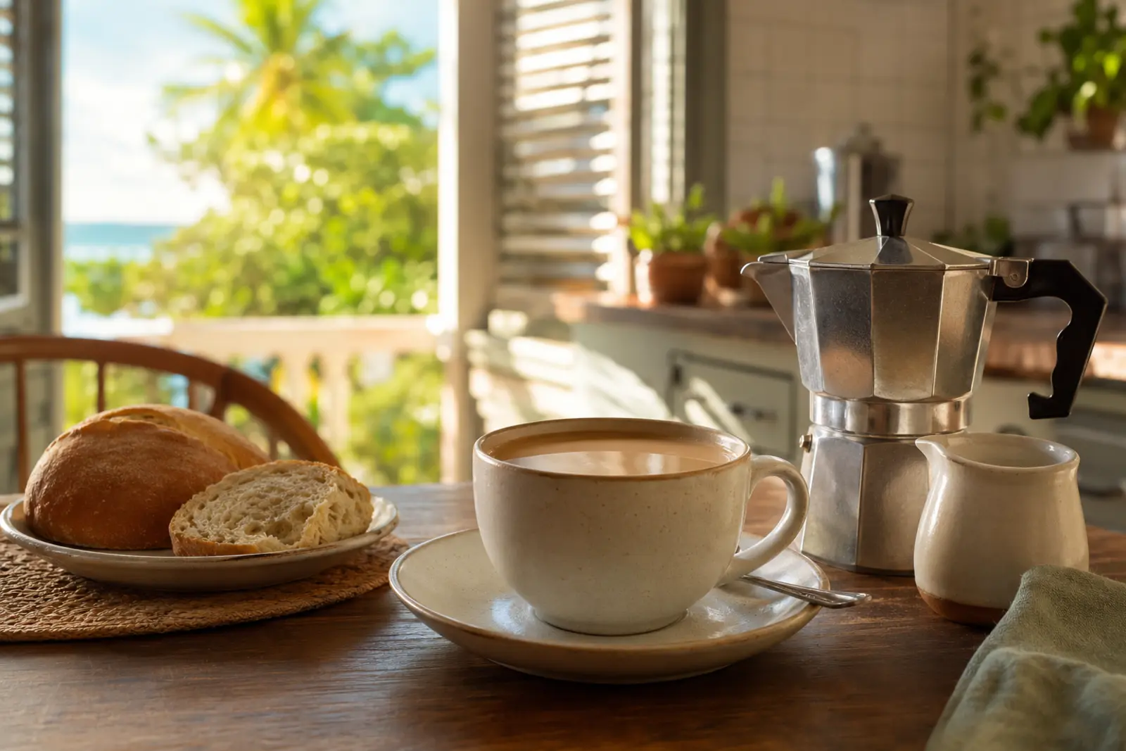 Puerto Rican cafe con leche beside a moka pot