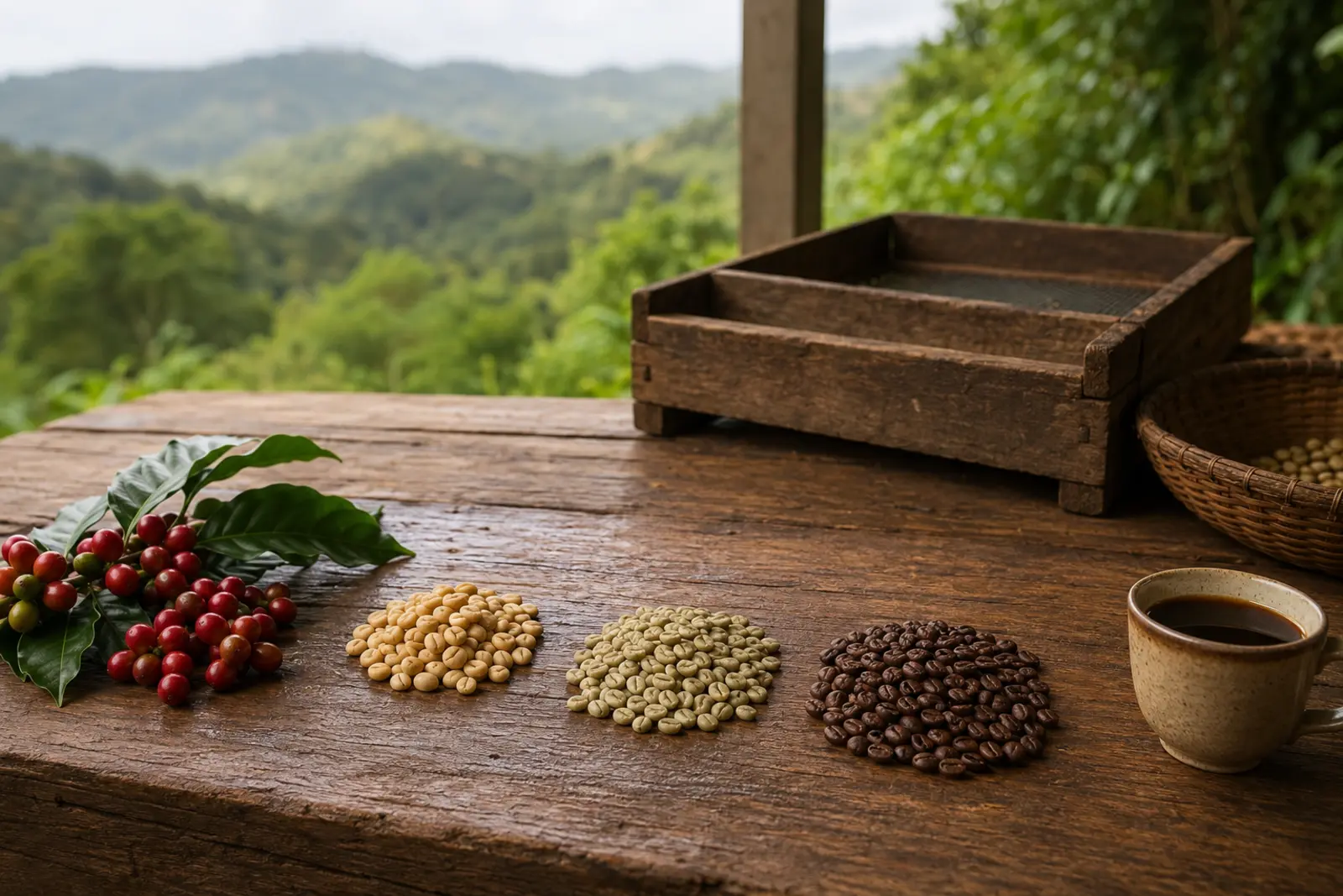 Coffee stages arranged from ripe cherry to cup