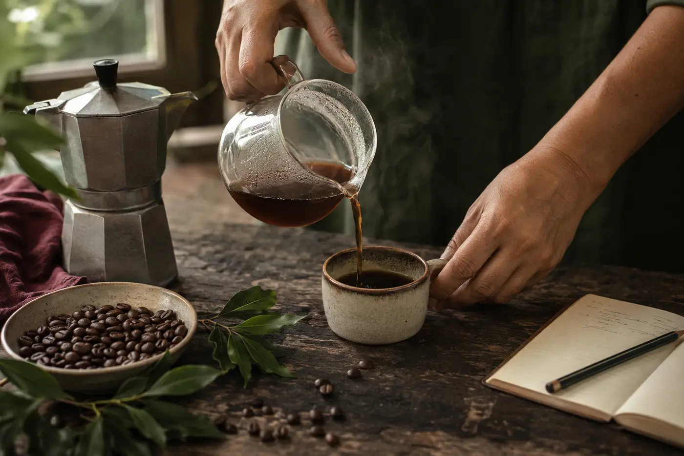 Coffee brewing beside tasting notes and roasted beans