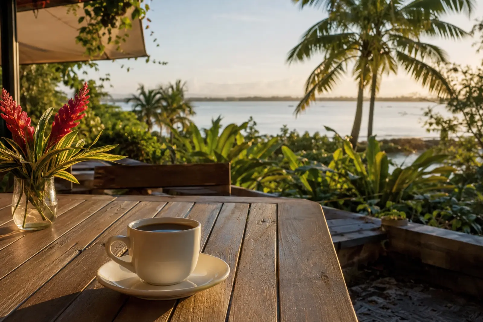 Café entre vegetación tropical y la costa este de Puerto Rico