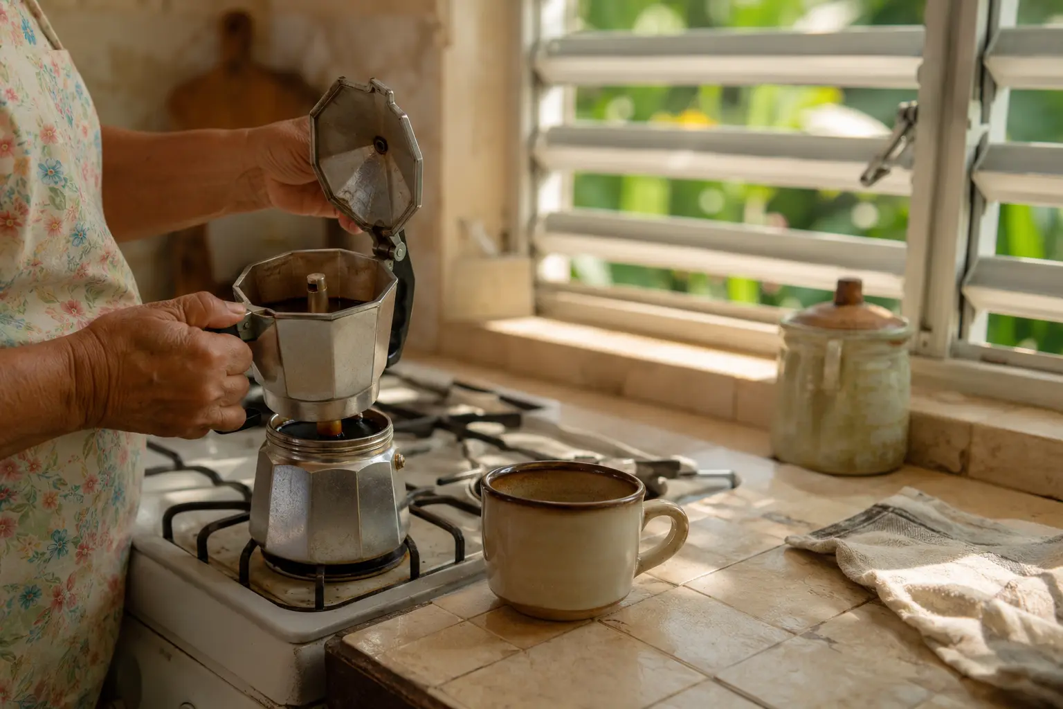 Everyday moka-pot coffee in a Puerto Rican kitchen