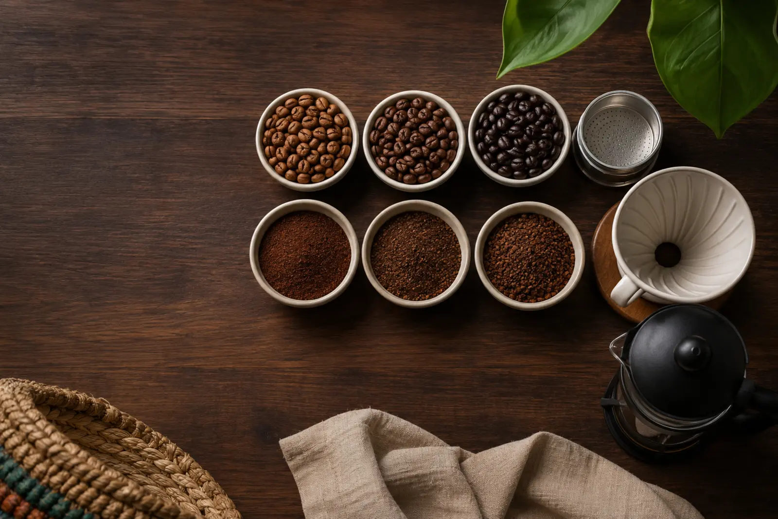 Coffee roast levels and grind sizes compared