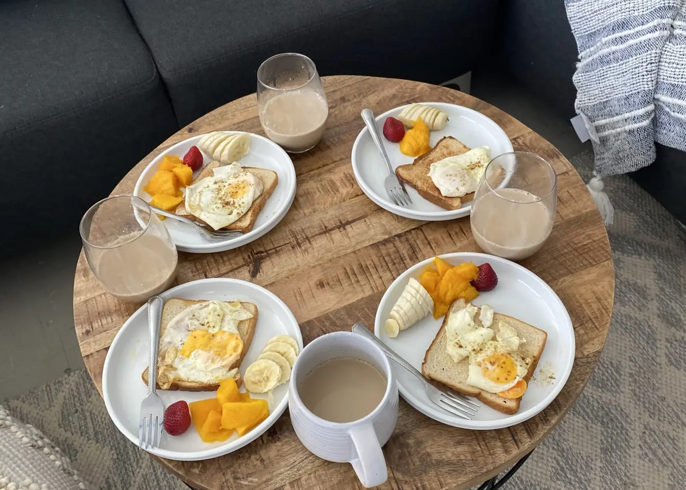 Breakfast and coffee prepared to share among four people