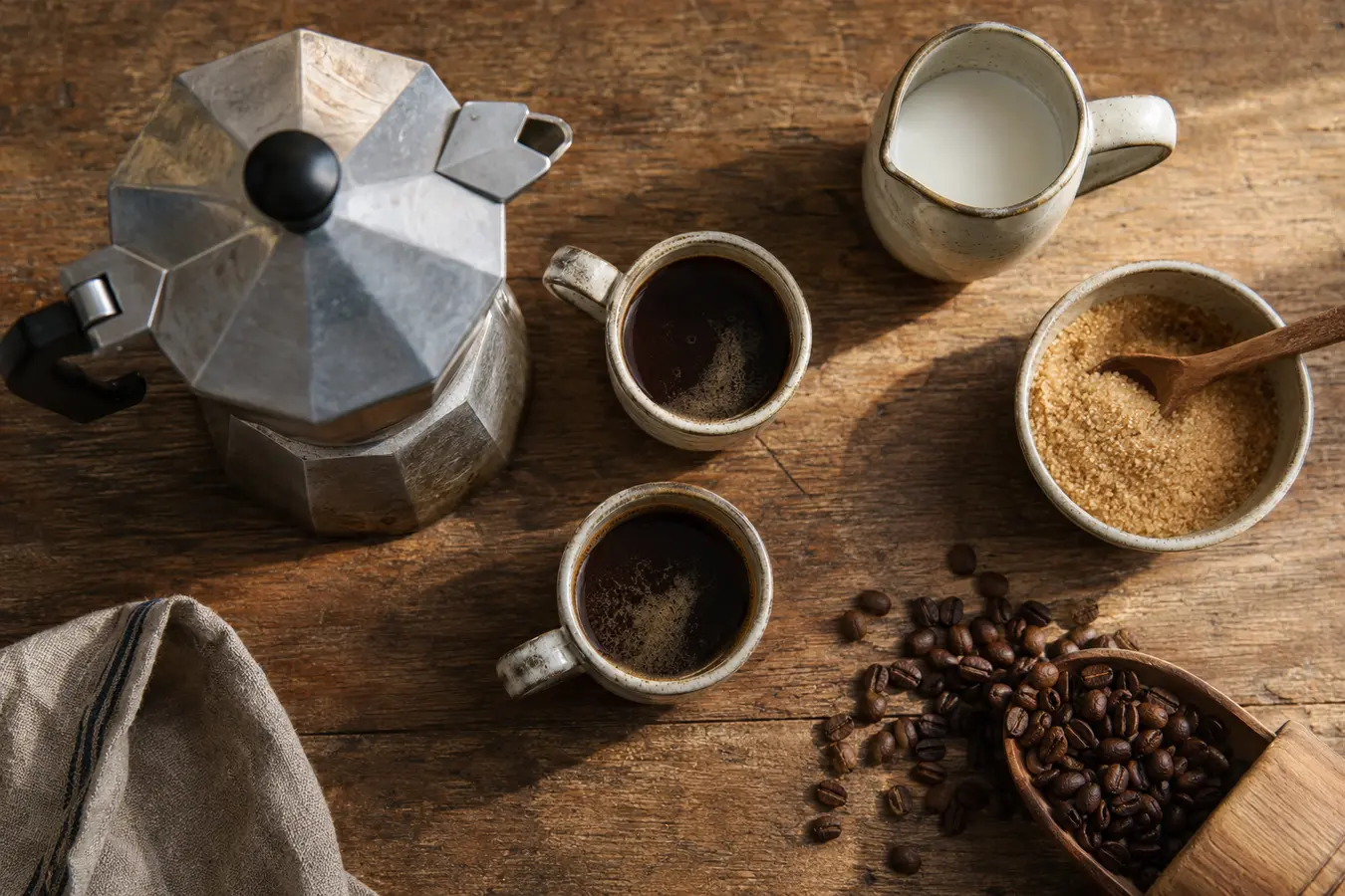 Moka pot, demitasse cups and Puerto Rican coffee on a wooden table