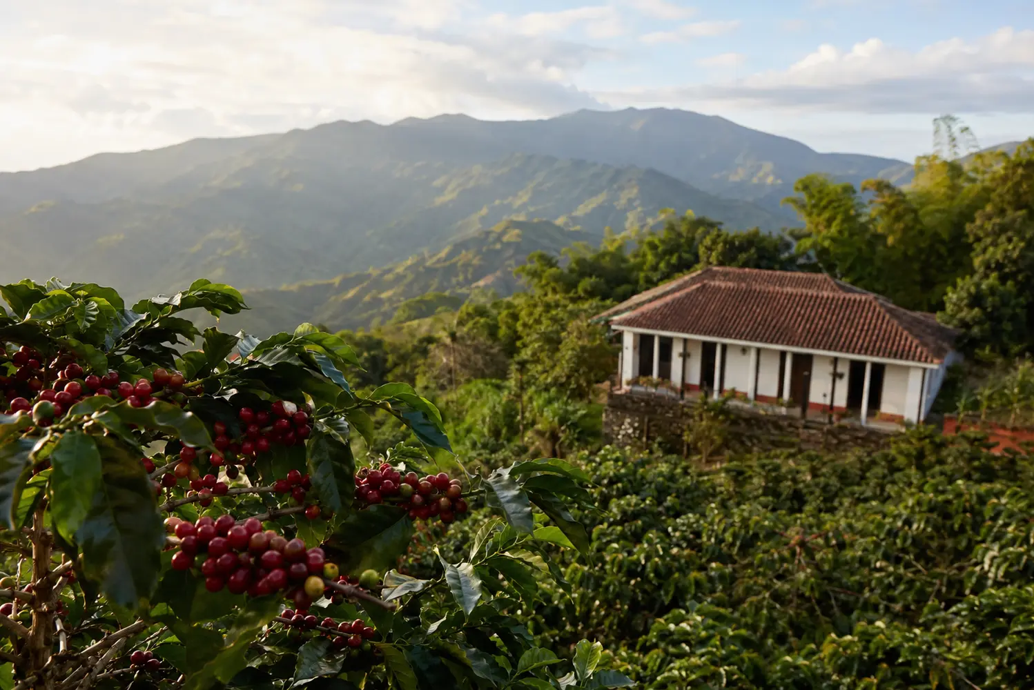 Ripe coffee cherries at a farm in the mountains of Puerto Rico