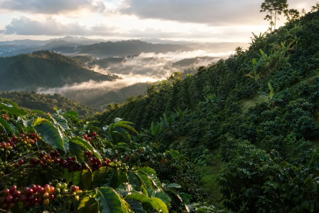 Illustrative editorial image inspired by the coffee region of Adjuntas, Puerto Rico