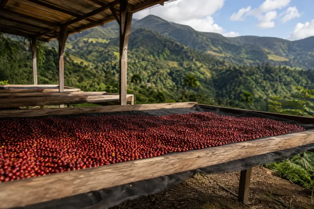 Illustrative editorial image inspired by the coffee region of Adjuntas, Puerto Rico